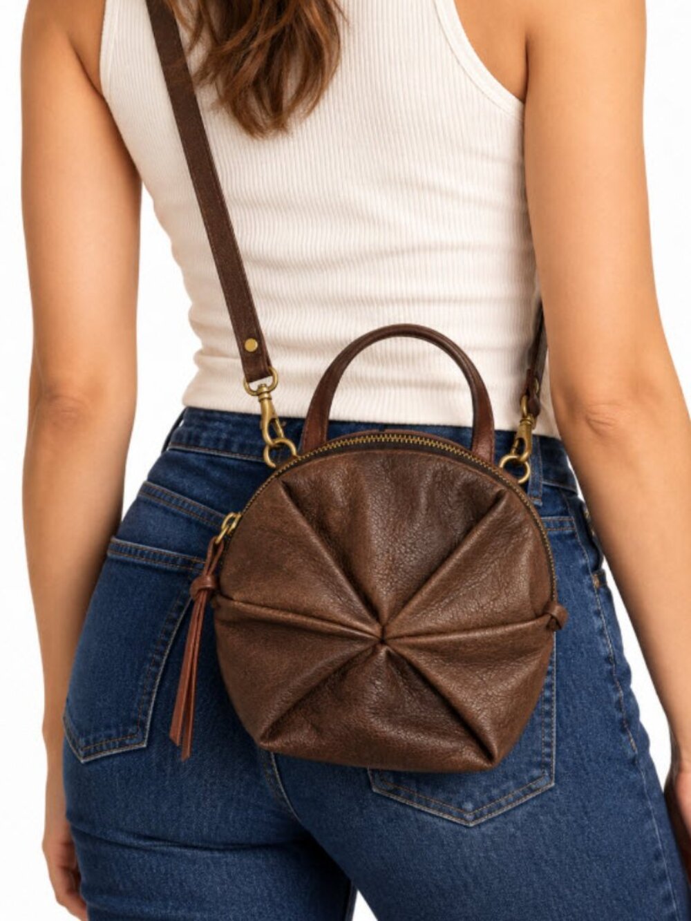 Eleven Thirty Dark Brown Leather Round Crossbody Top Handle Bag
